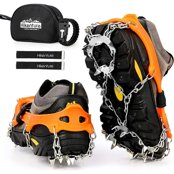 Ice Cleats Crampons for Hiking Boots, 19 Spikes Shoe Ice & Snow Grips, Anti Slip Traction Cleats for Ice and Snow, Stainless Steel Ice Spikes for Hiking, Fishing, Walking, Mountaineering