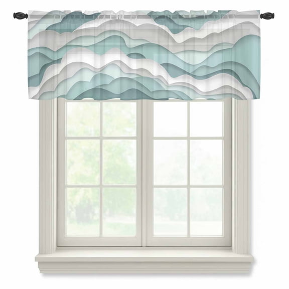 Teal Ombre Valance Curtains for Kitchen/Living Room/Bathroom/Bedroom Window, Rod Pocket Small Topper Half Short Window Curtains Voile Sheer Scarf, Modern Geometric Moire Abstract Art 60"x18"