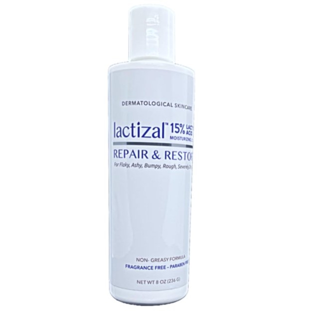 LACTIZAL Loción reparadora y restauradora con 15% de ácido láctico - Botella de 8 oz - Exfoliador e hidratante intensivo 2 en 1 para piel extremadamente seca