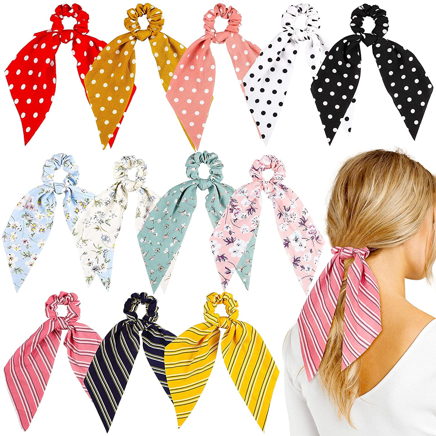6pc Country Small Flower Chiffon Hair Scrunchie Ponytail Holder Hair Accessories 
