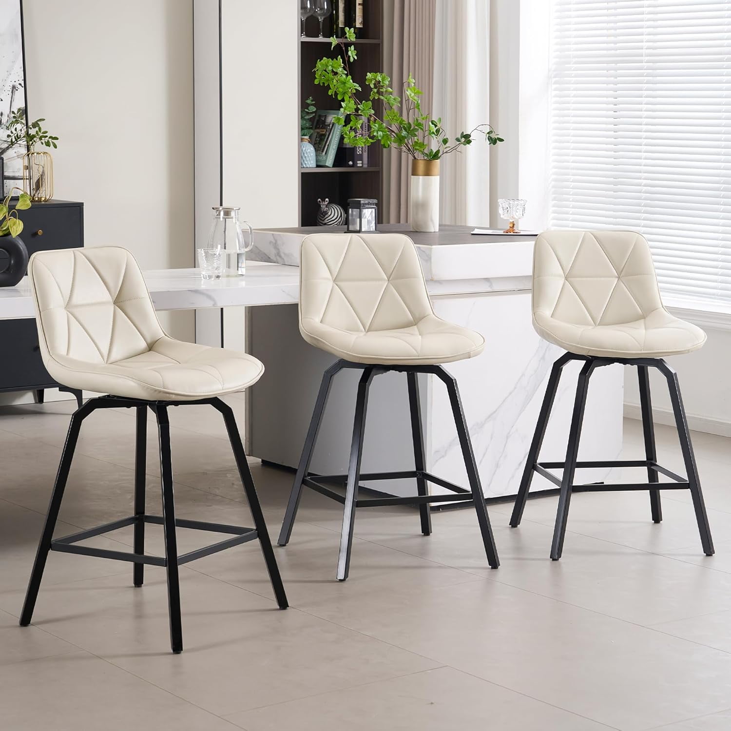 Fancrou 26″ Swivel Counter Height Bar Stools Set Of 4, Triangular Pattern Faux Leather Seat With Metal Legs And Back, White