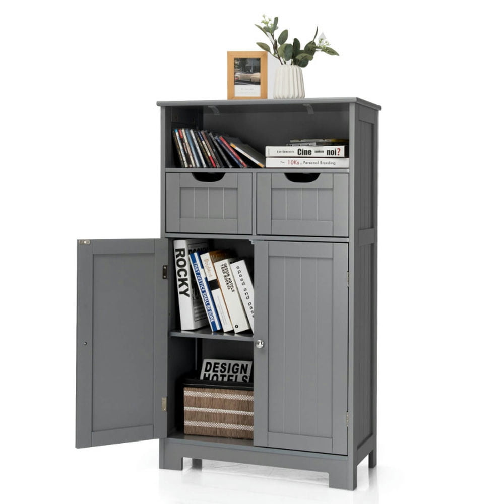 Finihen Storage Cabinet, Bathroom Floor Cabinet, Bathroom Wooden Side Cabinet with 2 Drawers and 2 Doors, for Bathroom, Living Room, Bedroom, Kitchen, Gray
