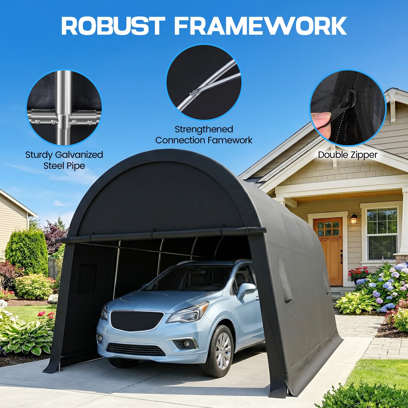 HOTEEL Carport 10x15ft Heavy Duty Portable Garage with All-Steel Metal Frame & Vents, All-Season Round Style Outdoor Storage Shed for Car, Truck, Boat, Patio Furniture Anti-Snow Waterproof