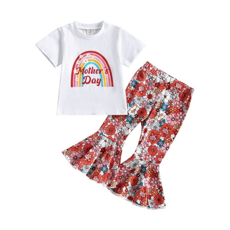 

Qtinghua 2Pcs Toddler Baby Girl Mother s Day/Father s Day Outfits Rainbow T-Shirt Tops Floral Flared Pants Summer Clothes Mother 12-18 Months