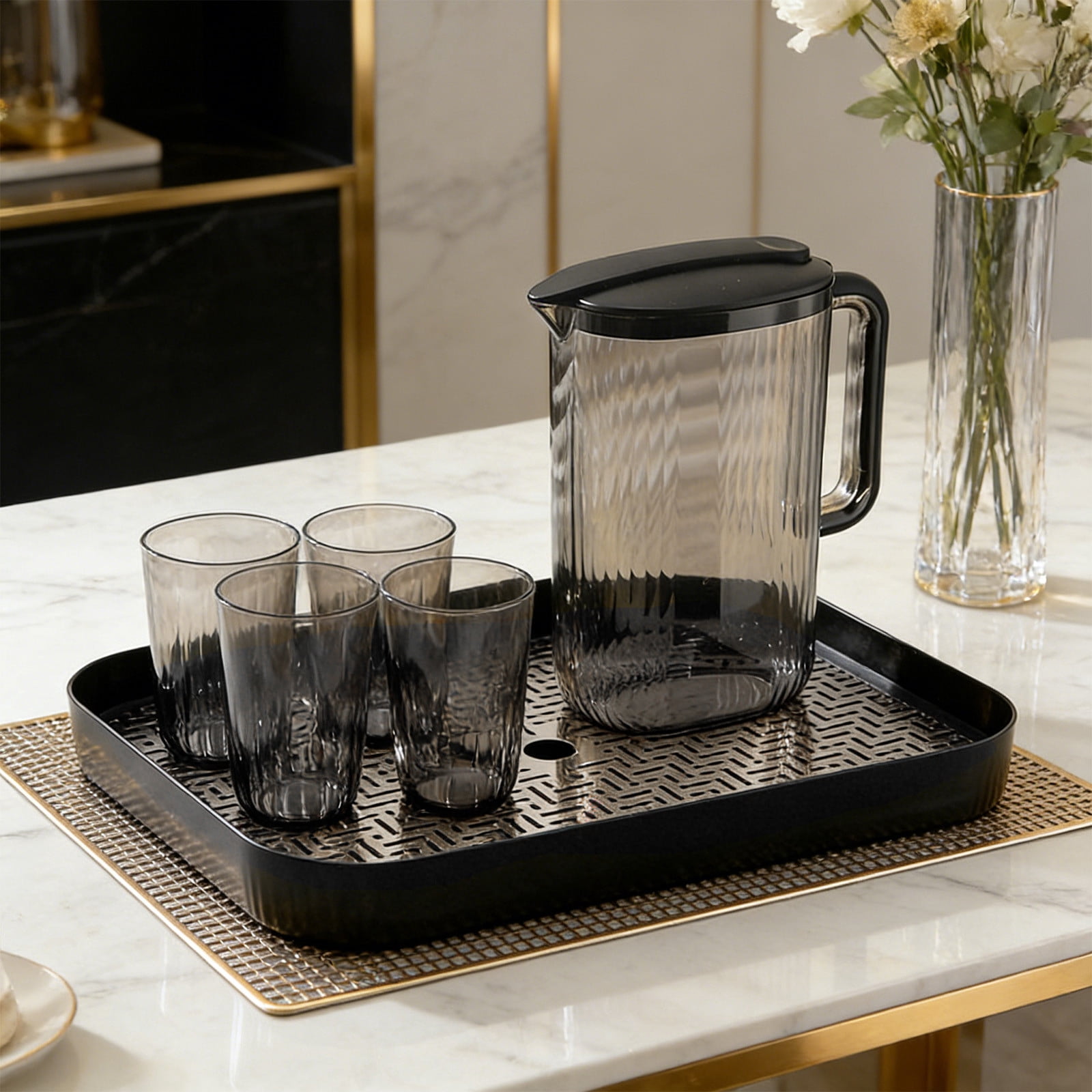 2000ML Large Capacity Cold Water Pitcher and Cup Tray Set Plastic Teapot and Fruit Tea Set Clear Beverage Jug with Drinking Utensils for Iced Tea Lemonade Party Barbecue Home Office
