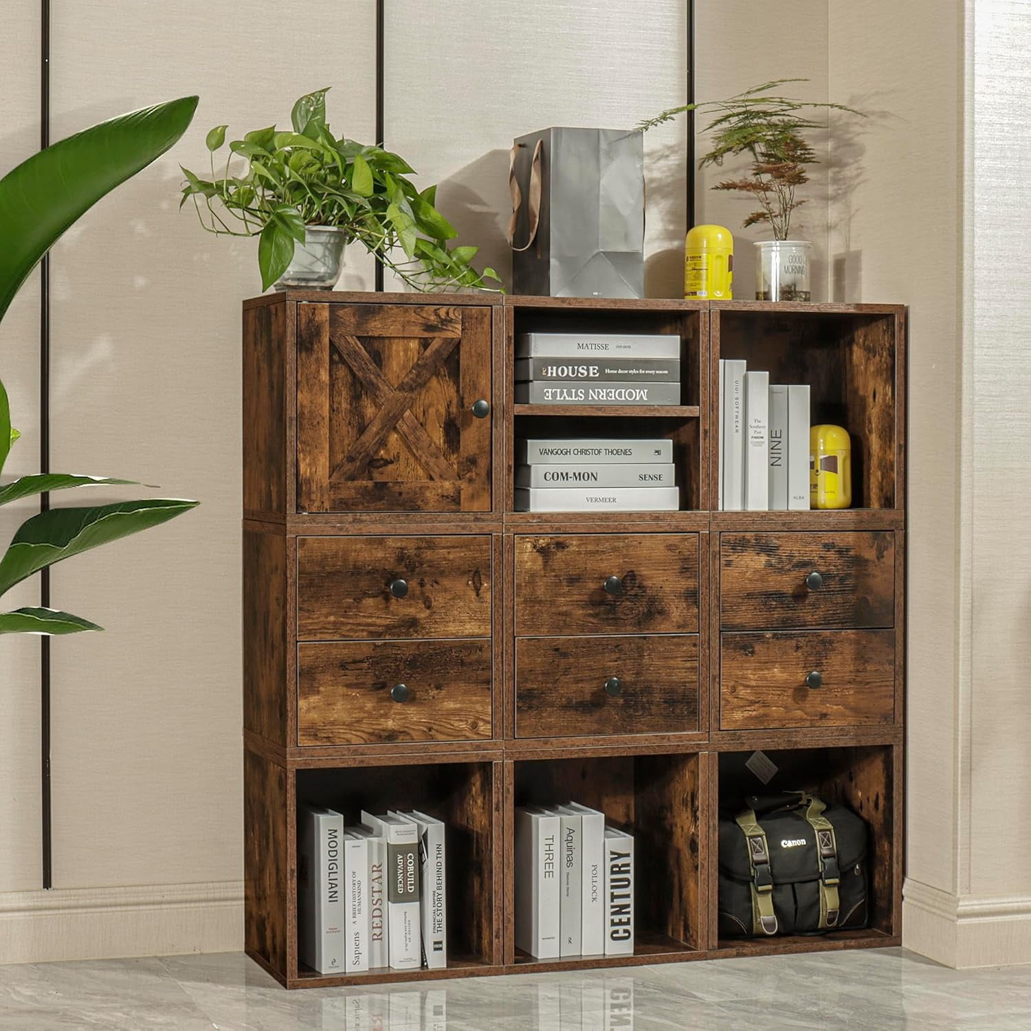 Magic DIY Cube Storage Organizer Stackable Cubes for Home Books Clothes Toy -Modular Cubby Storage System -Stackable Storage Cubes-Bookcase Closet (Antique Brown, 1 Layer Cube)