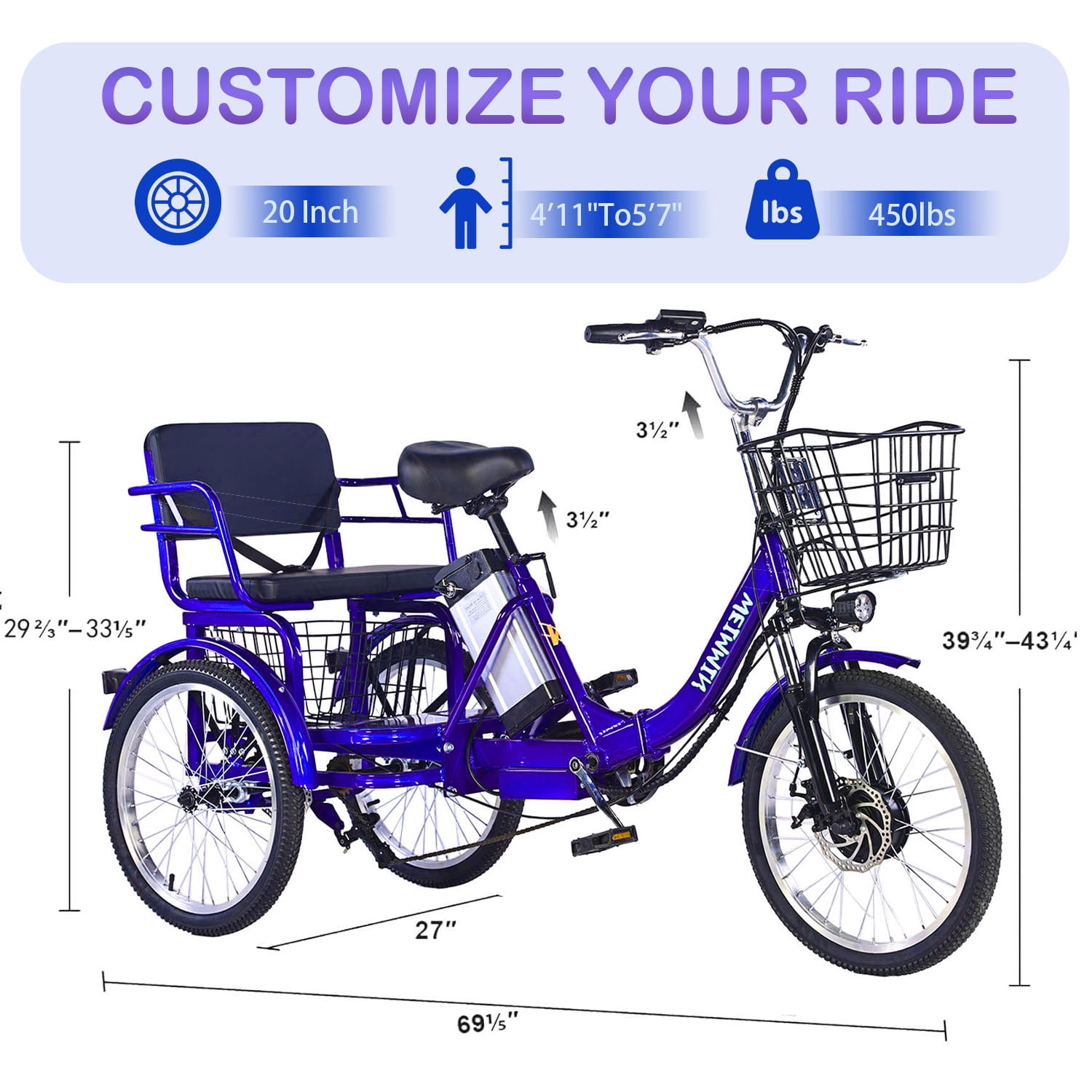Electric Tricycle for Adults,20 Inch electric trike,36V 13AH Removable Li-Battery,3 Wheel 350w Ebike Suitable for Carrying Passengers and Cargo