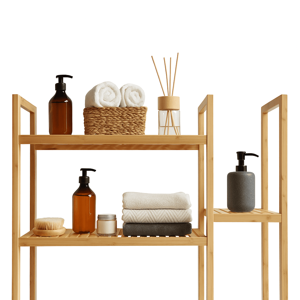 Proman Products Santa Fe Over The Top Bamboo Toilet Storage Customizable Shelf Rack with Toilet Paper Holder.
