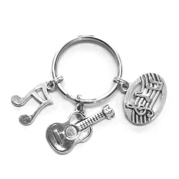 Music Lover themed keychain. Includes Musical Notes, Beamed Note, and Guitar charms. Music lover hostess gift.