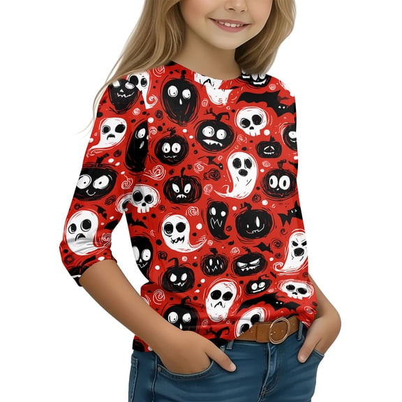 Halloween 3/4 Sleeve Shirts for Child Girls 9-10 Cute Funny Cartoon Ghost Crew Neck Casual Fall Girls Clothes Party Holiday Tee Tops
