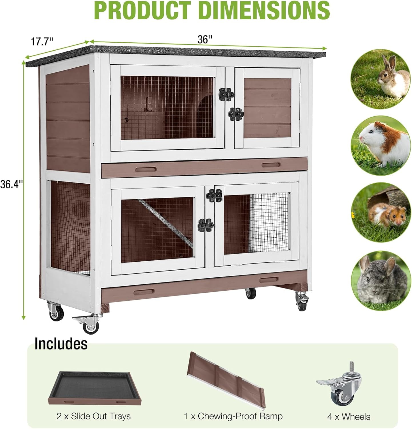 MEDEHOO 2-Story Rabbit Hutch Indoor Bunny Cage Wooden Guinea Pig House with Chew-Proof Ramp, Leakproof Slide-Out Trays, Lockable Caster Wheels for 1-3 Rabbits (Brown)