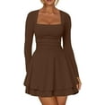 thumbnail image 3 of Women's Square Neck Ruffle Hem Mini Dress Ruched Waist Long Sleeve Short Party Dresses, 3 of 7