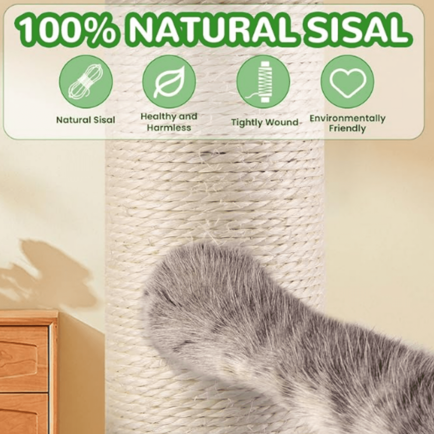 39.4'' Tall Cat Scratching Post,3.5 Inch Wide Sisal Rope Scratching Post for Indoor Adults Kittens,Cat Scratcher with Stable Solid Wood Base Interactive Ball Toys Self Groomer Brush for Large Cats