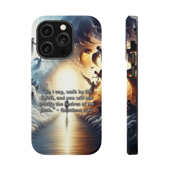 DistinctInk Tough Case for Apple iPhone 13 PRO (6.1" Screen), Compatible with MagSafe Charging - "Galatians 5:16 - Walk by the Spirit for Freedom"