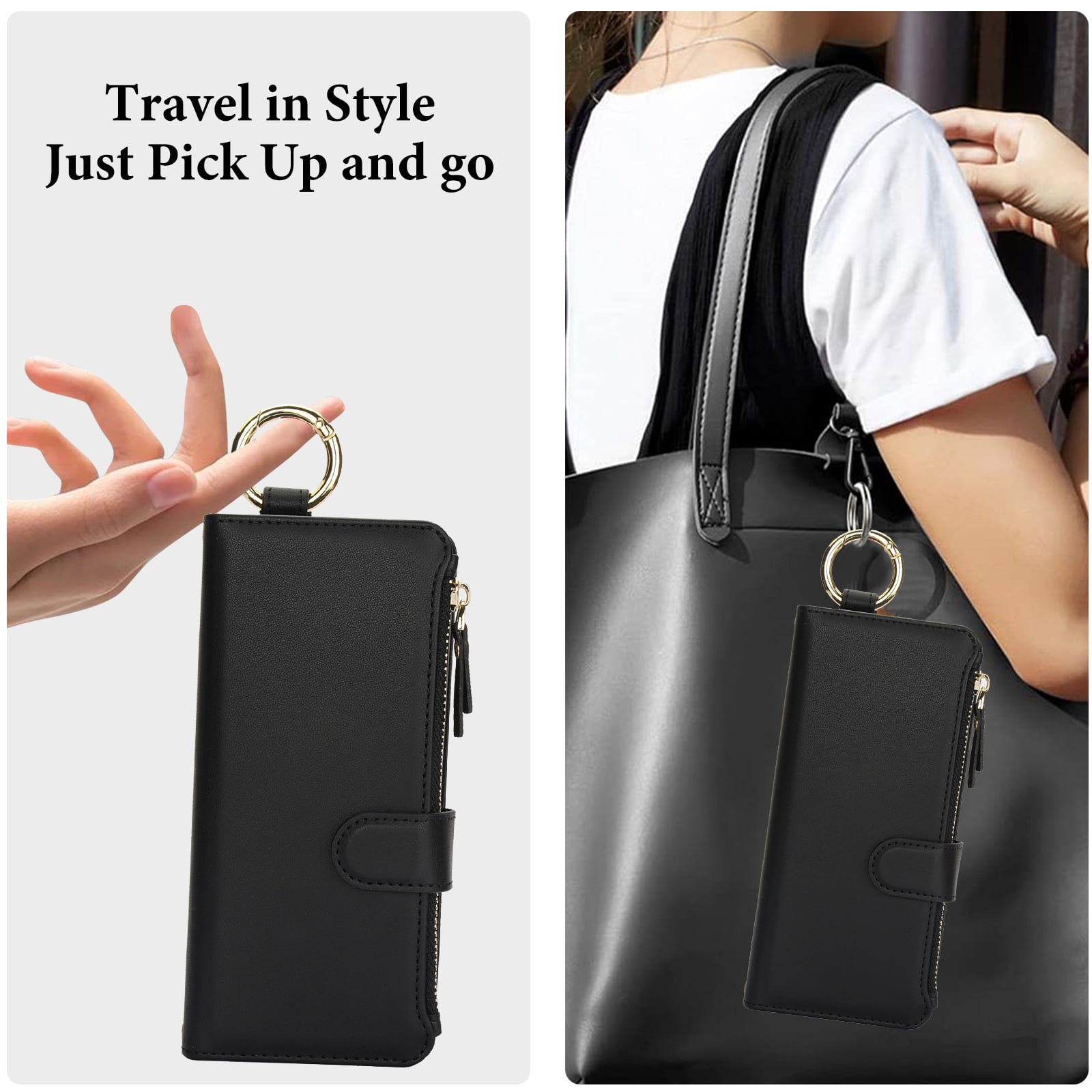 ChicShell Wallet Flip Case for Samsung Galaxy Z Fold 7, RFID Blocking Cards Slots Zipper Pocket Hand Strap Shockproof Stand Phone Case Cover with Crossbody Lanyard for Women Girls, Black