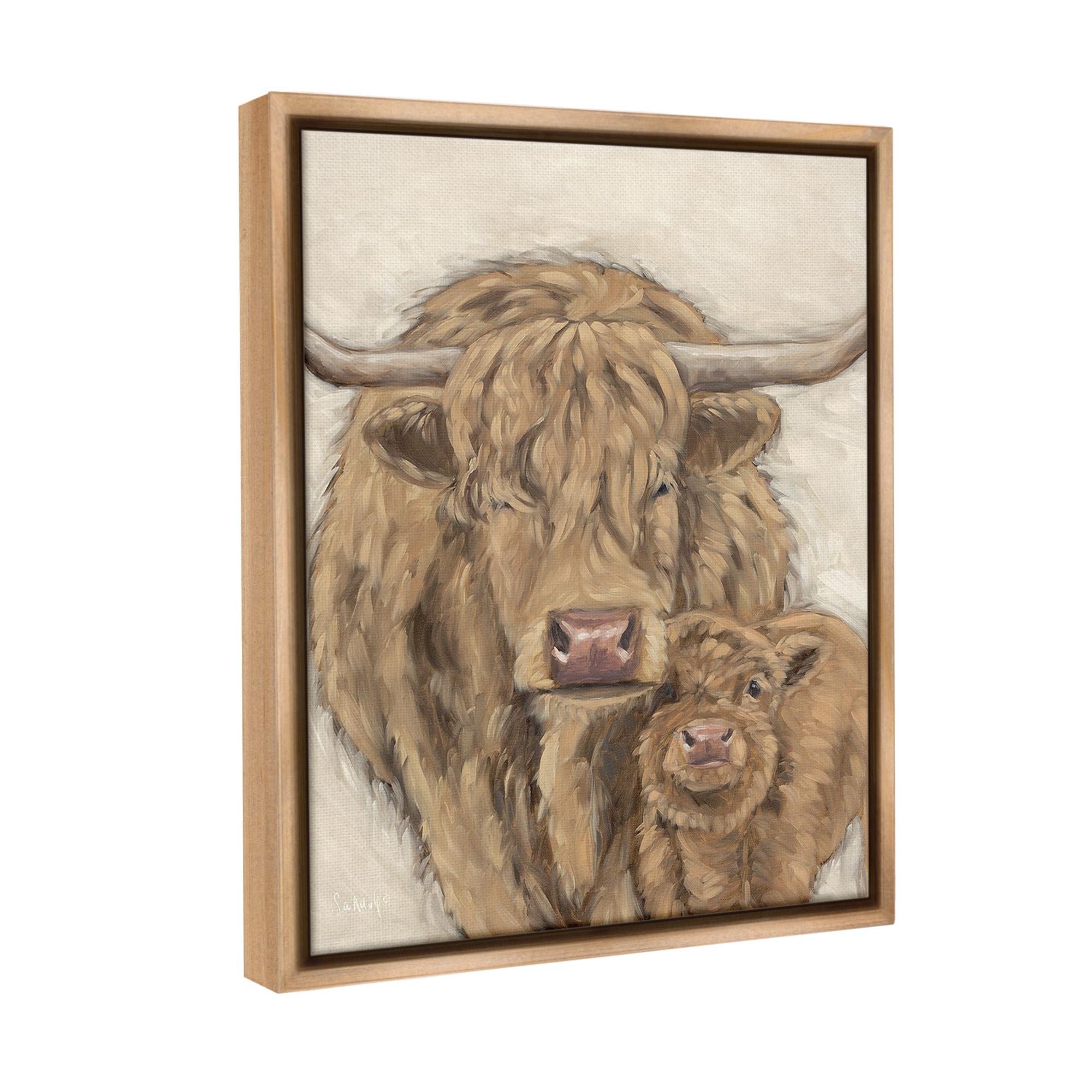Stupell Industries Highland Cattle & Calf Animals & Insects Painting Brown Floater Framed Canvas Art Print Wall Art, 17 x 21