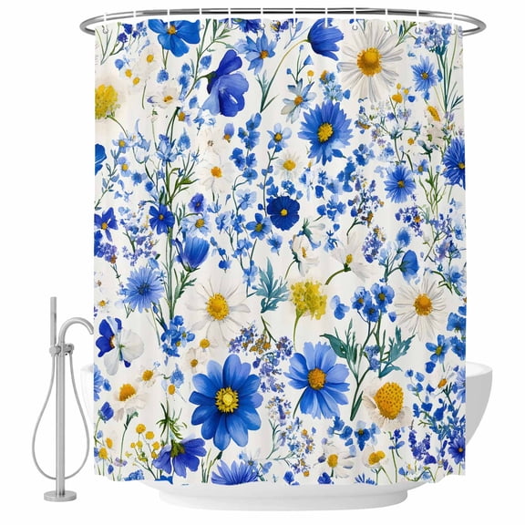 Blue Wildflower Fabric Shower Curtain Daisy Flower Washable Shower Curtains for Bathroom, Waterproof Bath Curtain with Hooks Home Decor 72x72in