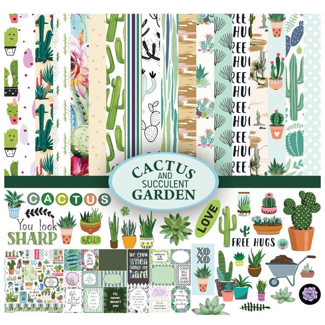 Inkdotpot Cactus and Succulent House Plants Theme Collection Double-Sided Scrapbook Paper Kit Cardstock 12"x12" Card Making Paper Pack With Sticker Sheet - 16 Pages - Multicolor
