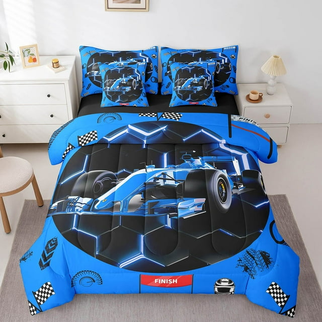 YST Blue Race Car 7 Piece Comforter Set Full Neon Honeycomb Racing Car Games Bedding Set For Kids Boys Teen,Racing Helmet Wheel Checkered Flag Bed In A Bag Sports Car Sheet Set