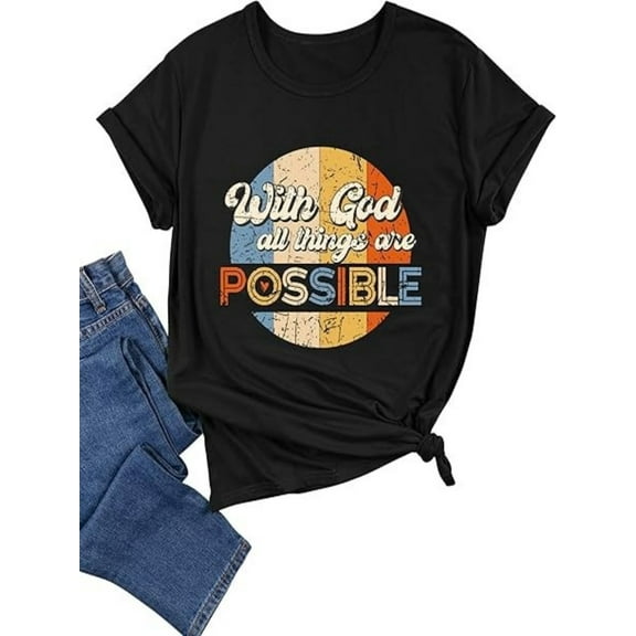 BESTLUCKY Womens with God All Things are Possible T-Shirts Short Sleeve Casual Christian Religious Faith Tee Shirts
