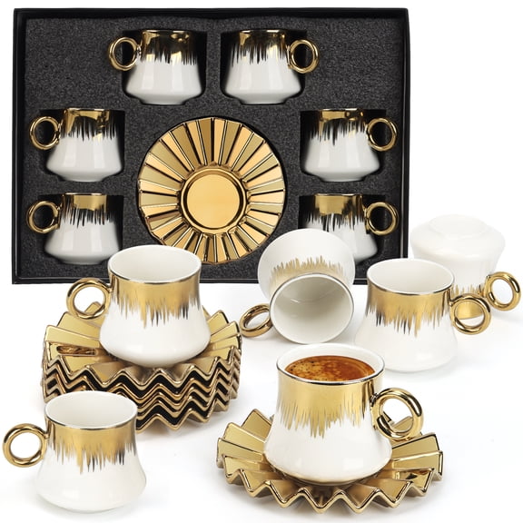 90ml Platinum Gold Gilded Coffee Cup and Saucer Set (6 Cups   6 Saucers) - Luxury Golden Ceramic Espresso Cups with Ergonomic Handle, Dishwasher/Oven/Microwave/Freezer Safe