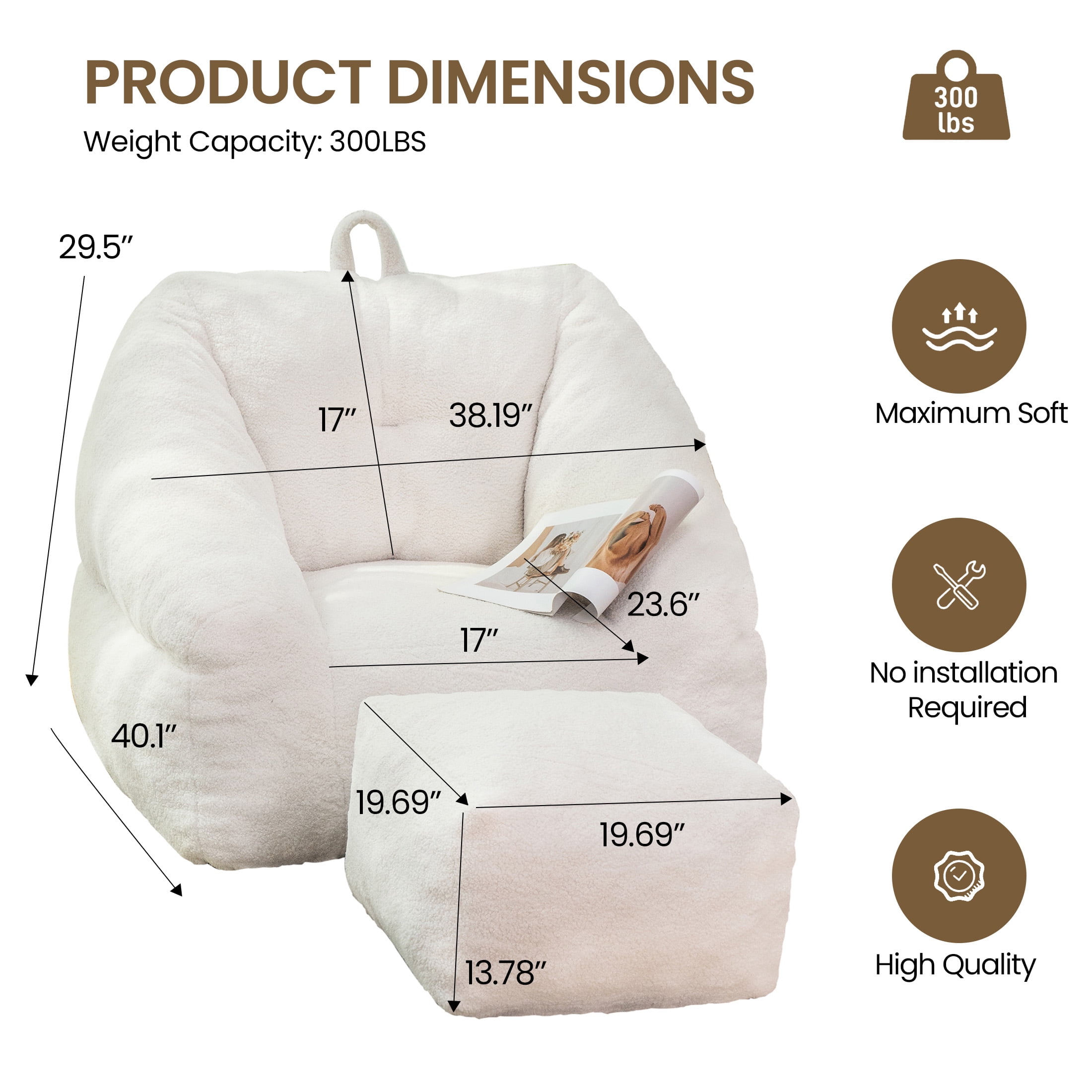 Aukfa Bean Bag Chair with Ottoman, Soft Fluffy Teddy Upholstered Pouf with Foot Rest for Living Room, White