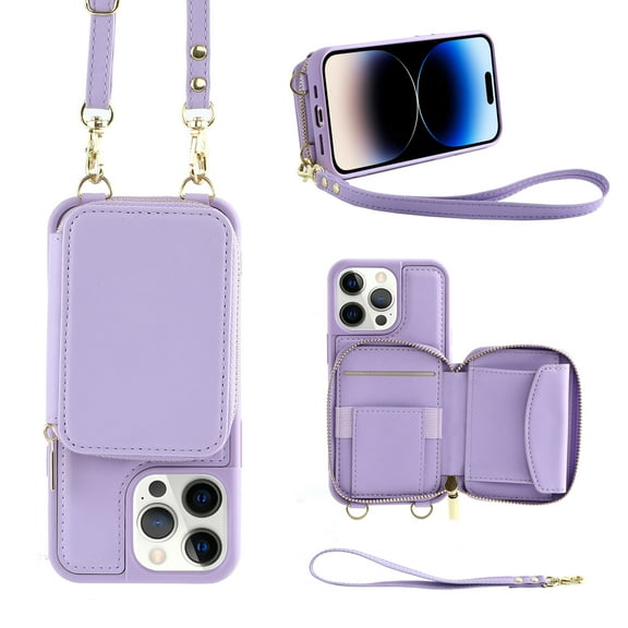 iPhone 14 Pro Max Crossbody Wallet Case, Zipper Card Phone Case with Wrist Strap, Handbag Purse Flip Cover with RFID Blocking Gift for Women Men Compatible with iPhone 14 Pro Max, Purple