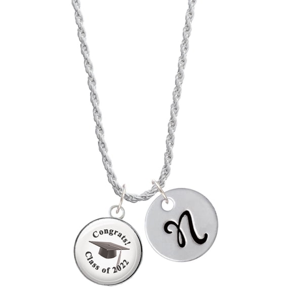 Delight Jewelry Silvertone Domed Class of 2022 Silvertone Script Initial Disc - N - Charm Necklace, 20"+3"