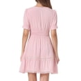 thumbnail image 3 of Vestido Casual Mini de Manga Abullonada con Escote en V y Cintura Elástica de Smock para Mujeres Chic, Rosa Claro, Talla S, 3 of 5