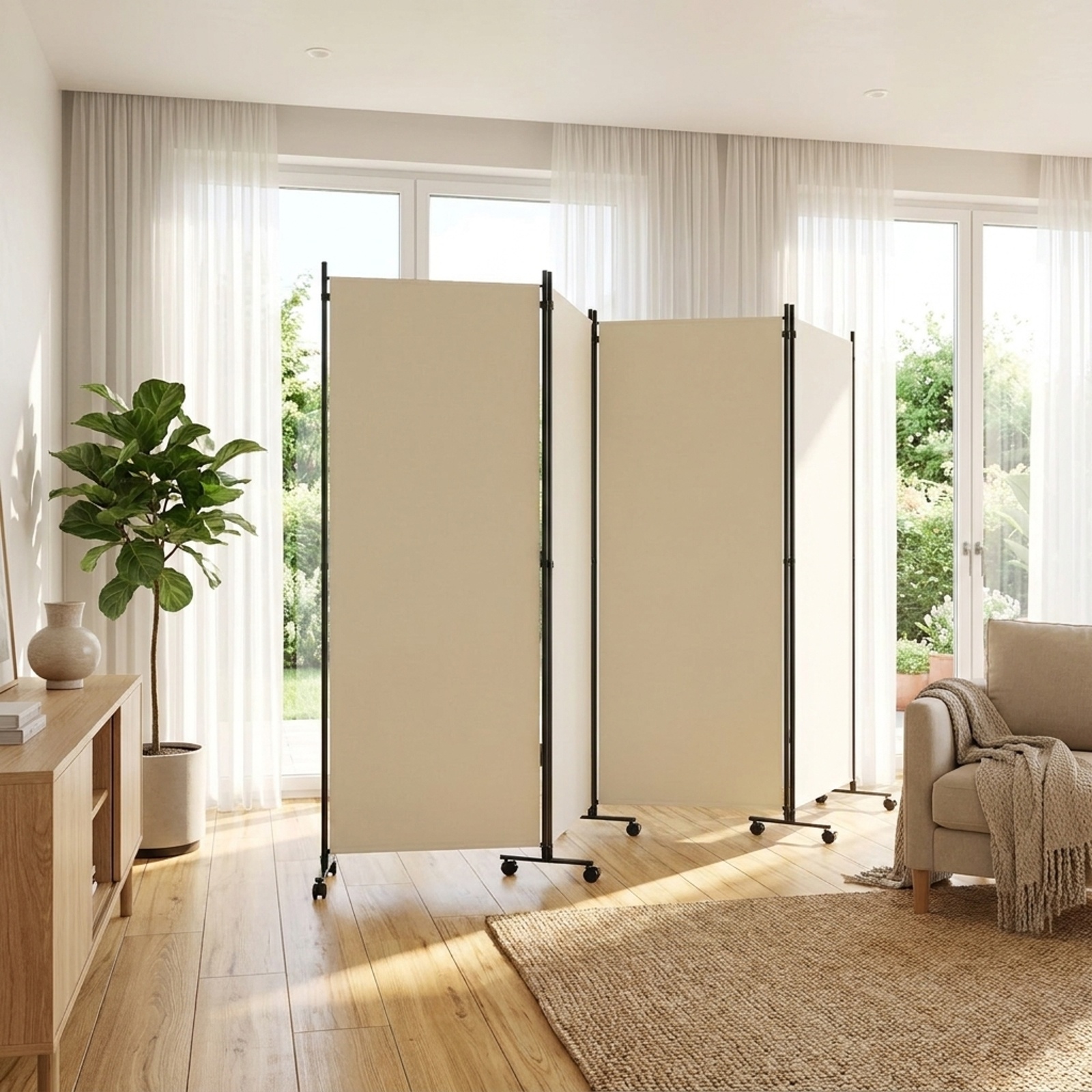 Vebreda 6-Panel Rolling Room Divider Folding Privacy Screen with Lockable Wheels, Freestanding Fabric Partition for Bedroom Office Studio, White