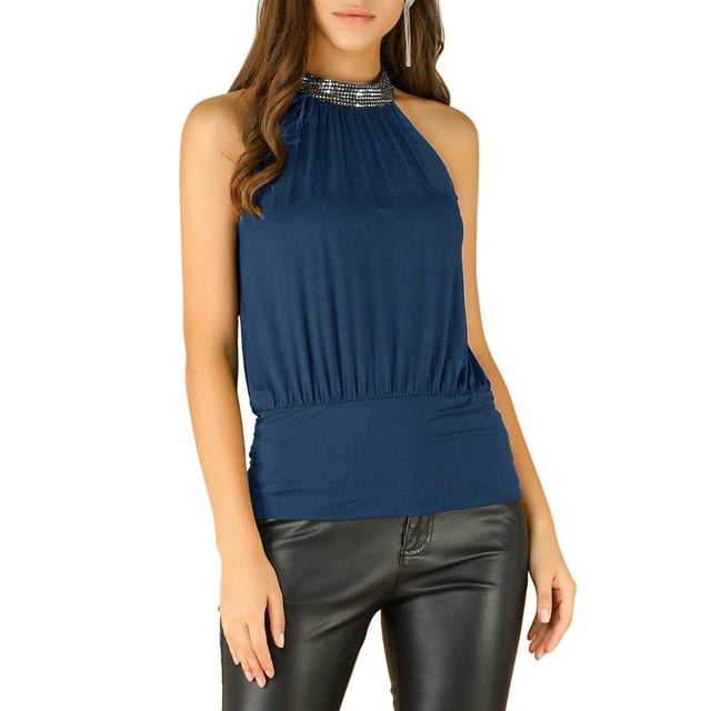 INSPIRE CHIC Women's Sequins Halter Neck Solid Color Party Tank Tops L Blue