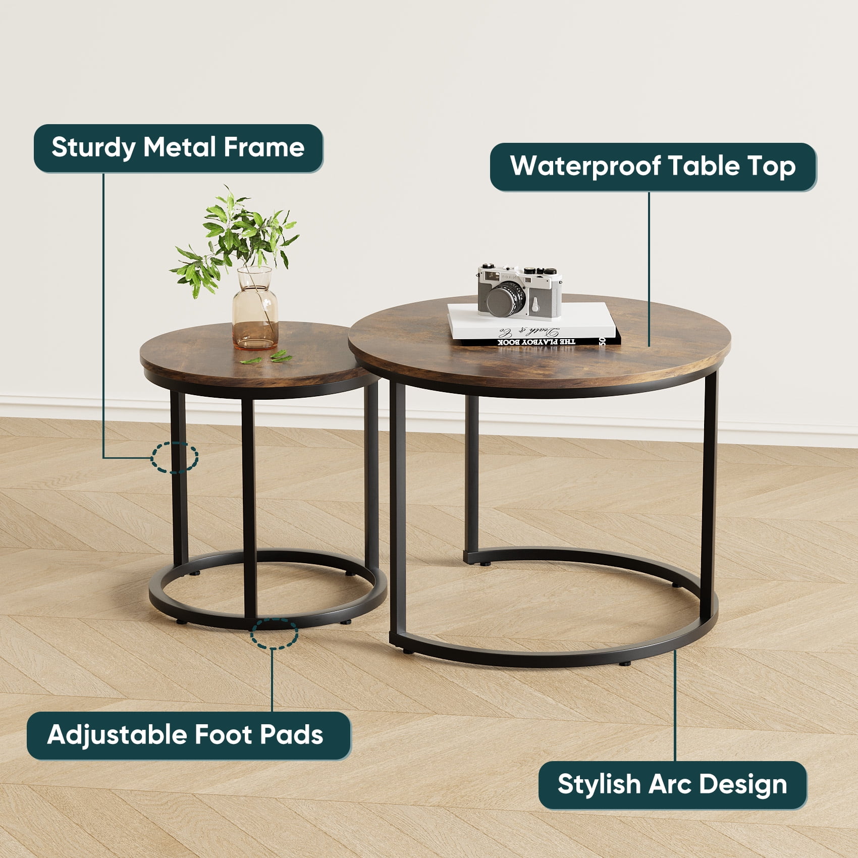 Algherohein Round Nesting Coffee Table Modern Marble Top Set of 2 for Living Room Black