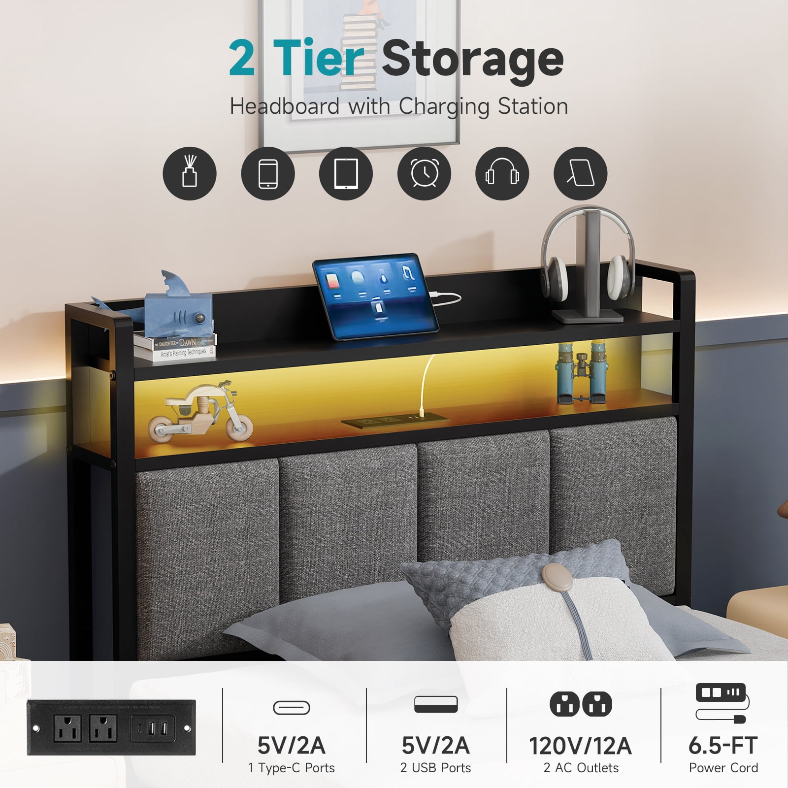 Z-hom Storage Metal Platform Bed Frames with LED Light, Twin