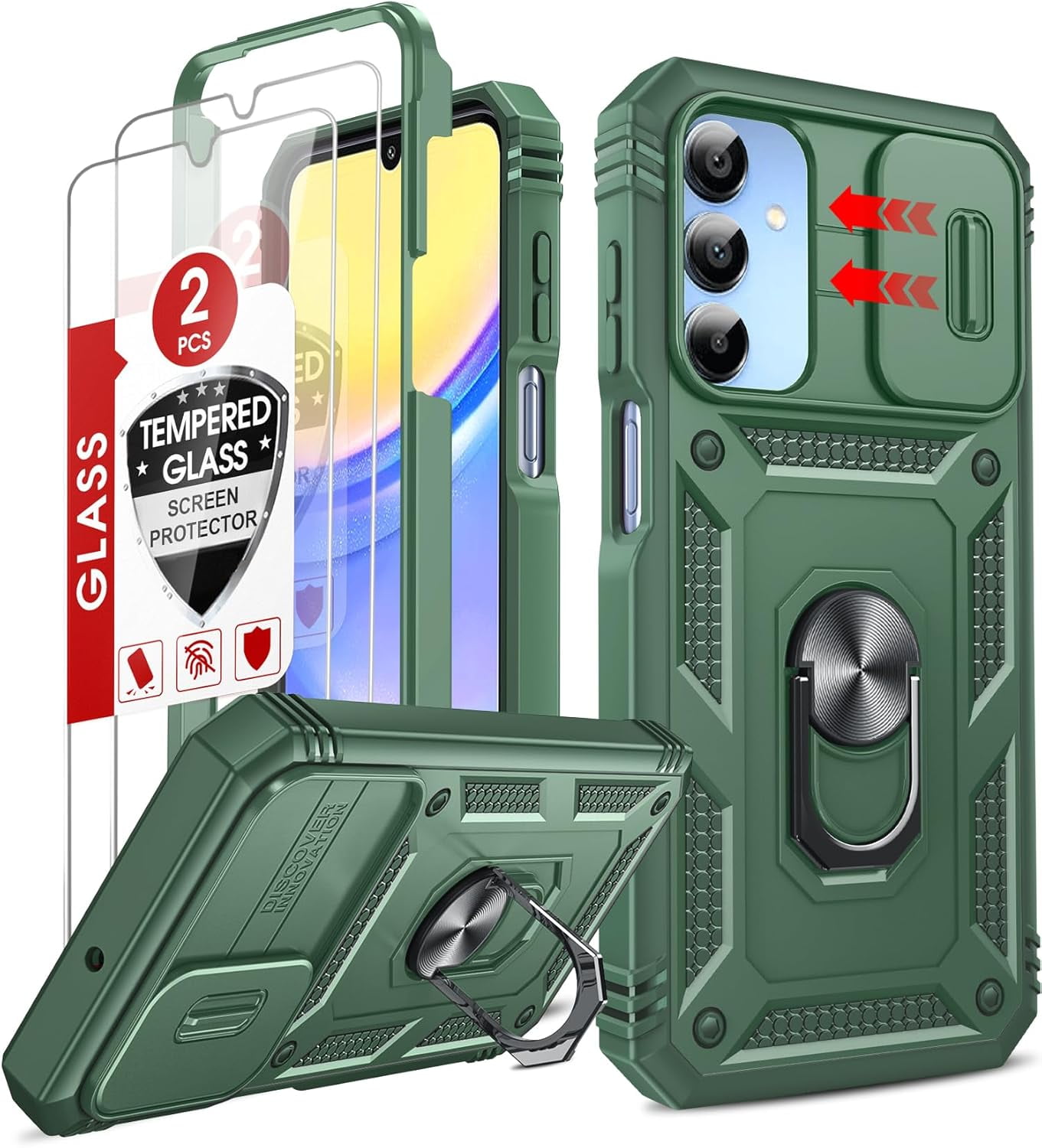 RGHJAR-Compatible for Samsung A15 5G Phone Case: A15 5G Screen Protector with Galaxy A15 Case, Magnetic Rotatable Kickstand, Heavy Duty Shockproof for Celular Android Phone Case A15 5G,Green