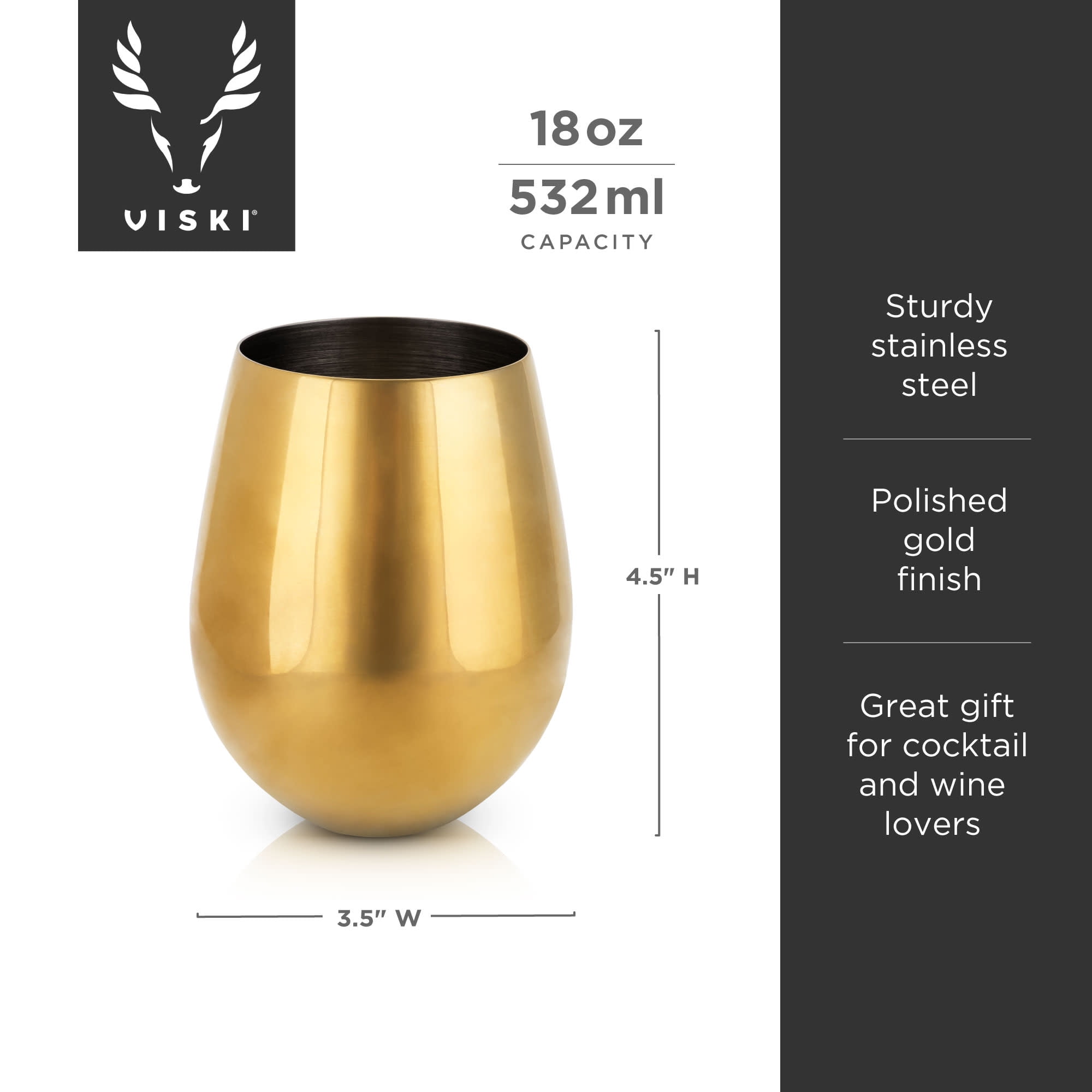 Viski Stainless Steel Stemless Wine Glasses, Home Bar, 18oz Set of 2, Gold