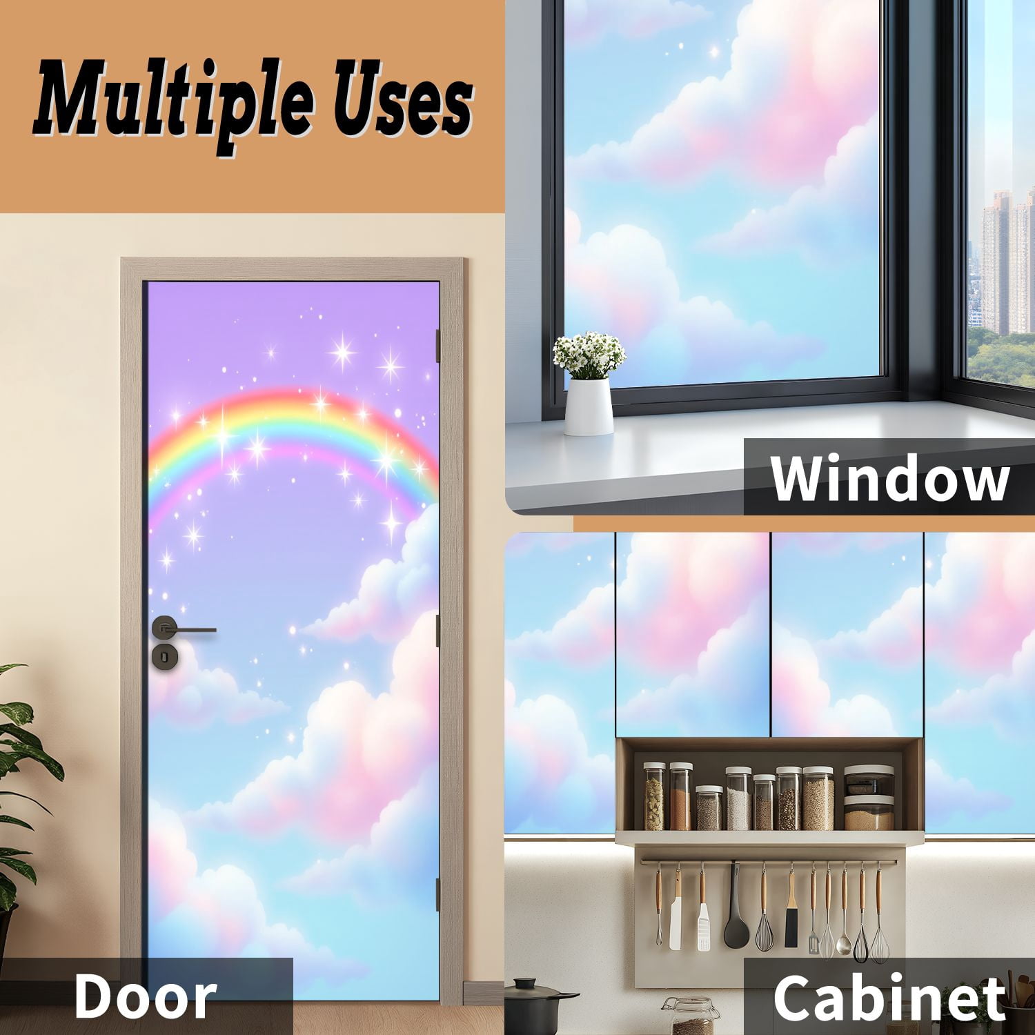 Self Adhesive Vinyl Refrigerator Wrap Set Rainbow Soft Pastel Clouds Sparkling Stars Door Mural Removable Fridge Sticker Peel and Stick&nbsp;Full Door Cover Decal Kitchen Bar Decor
