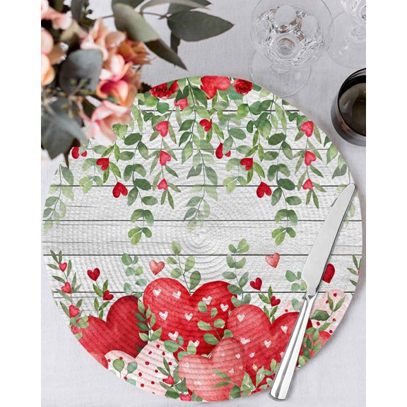 13 Inch Round Placemats Set of 6, Valentine's Day Non Slip Heat Insulation PP Table Mats, Pink Love Heart Country Eucalyptus Farm Wooden Washable Place Mats for Kitchen Dining Party Table Decor