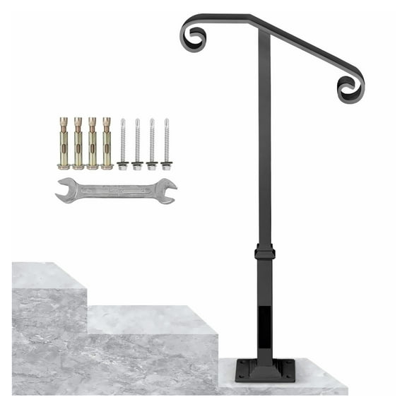 Outdoor Handrails for Steps, 1-2 Step Railing, Wrought Iron Handrail Gray, Single Post Porch Railing for Concrete or Wood Stairs with Base