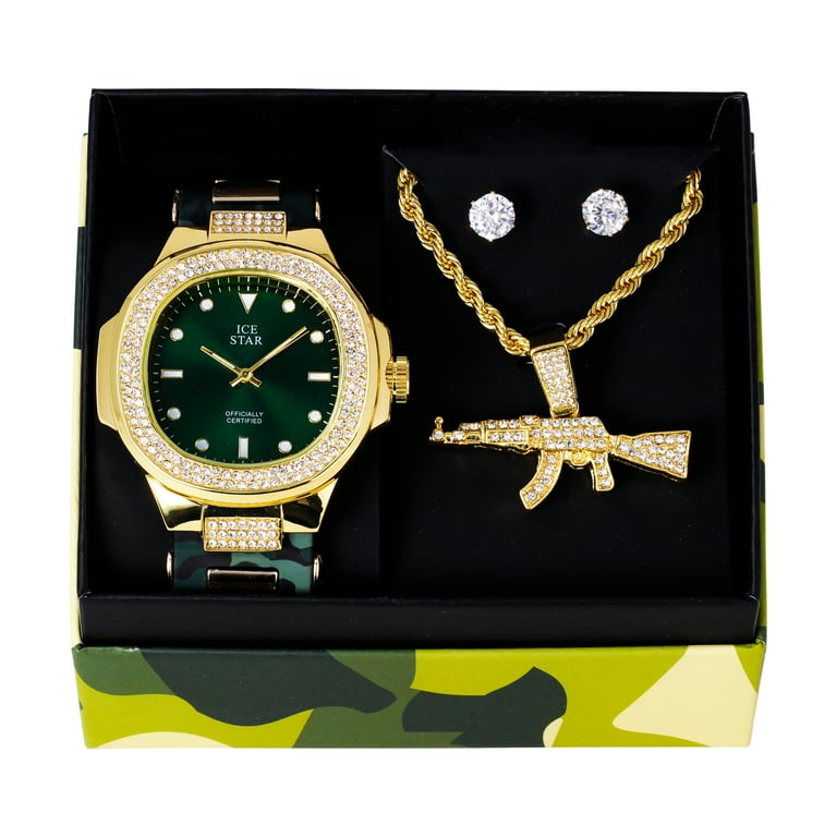 Men's Gold Finish ICY Classic Dial Watch Set with Bling-ed Out AK Pendant and Round Clear CZ Stud Earrings