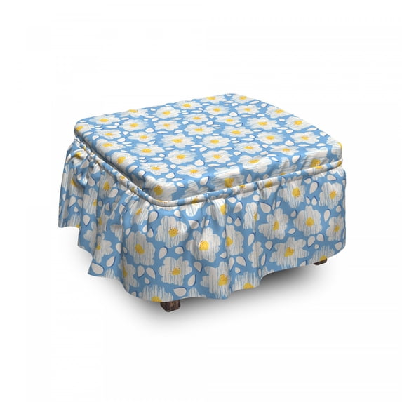 Floral Ottoman Cover, Happy Pastel Daisy Flowers, 2 Piece Slipcover Set with Ruffle Skirt for Square Round Cube Footstool Decorative Home Accent, Standard Size, Mustard Pale Sky Blue, by Ambesonne
