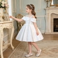 thumbnail image 2 of Bobifish Toddler Girls Off Shoulder Satin Flare Dress Large Front Bow Sequin Dress Wedding Party Formal Children Girls Dresss, 2 of 9