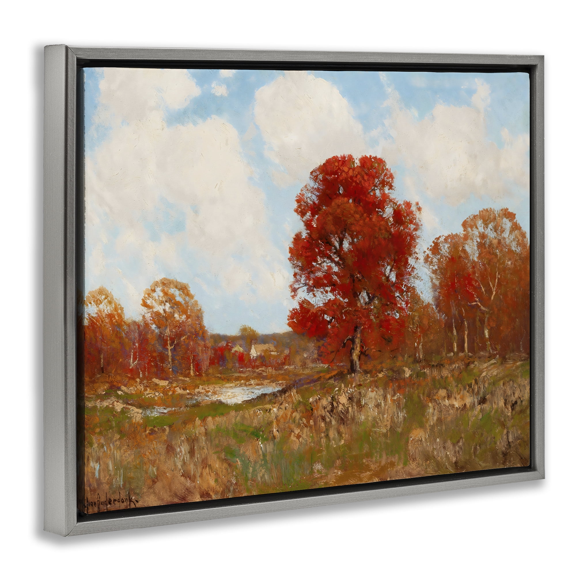 Fall Landscape with Red Foliage Gray Framed Floater Canvas Wall Art, design by Arlington Prints