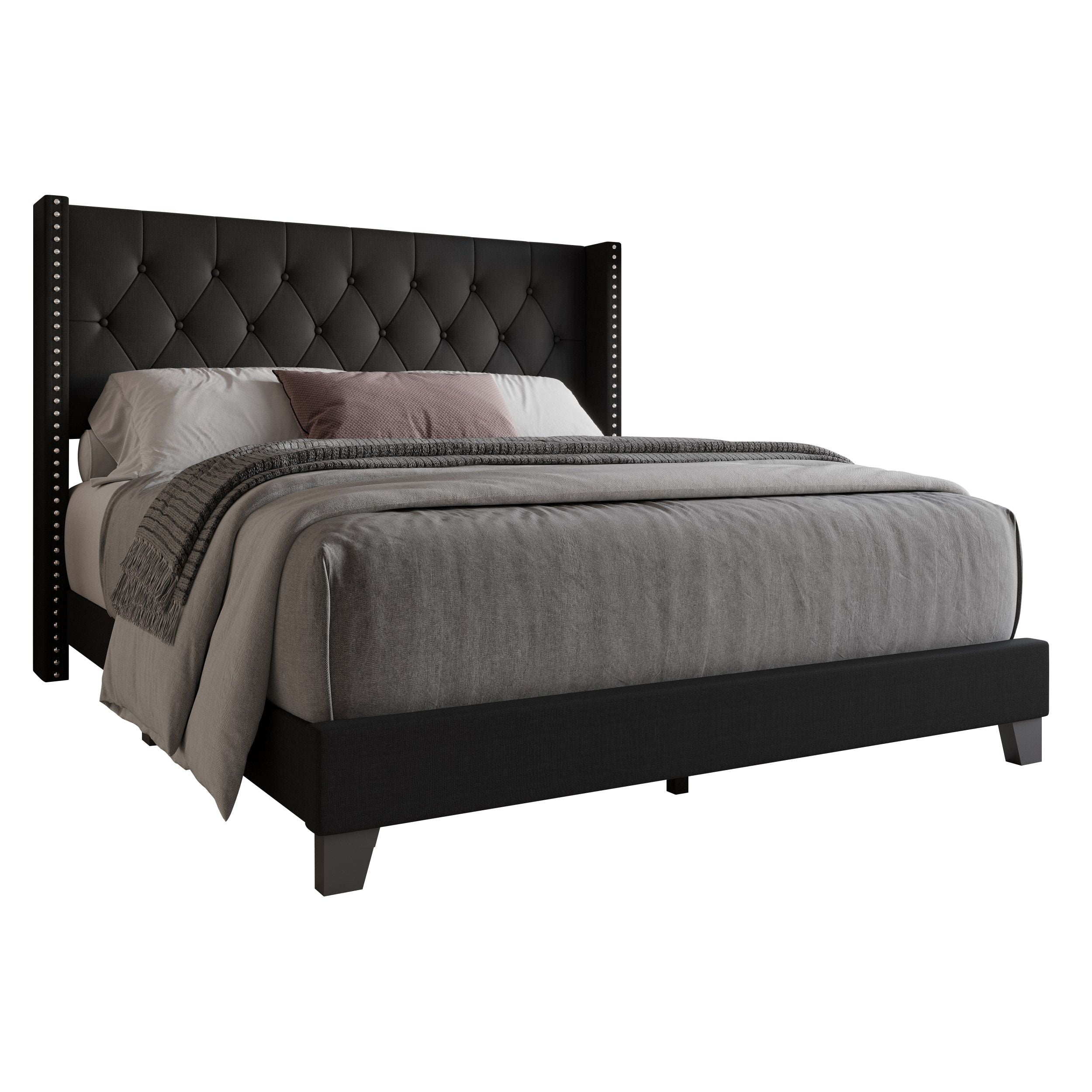 Home Design Homer Full Button-Tufted Wingback Upholstered Panel Bed Frame with Nailhead Trim design for Adult, Black, Easy Assembly