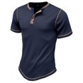 thumbnail image 4 of Men's Waffle Knit Henley Shirt Short Sleeve Summer Top Classy Vintage 3 Button Placket T Shirt Contrast Color Soft Slim Fit Stretch Royal Blue Large, 4 of 5