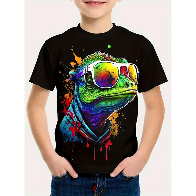 Boys' T-shirt with colorful chameleon 3D pattern printed short sleeved comfortable and versatile top
