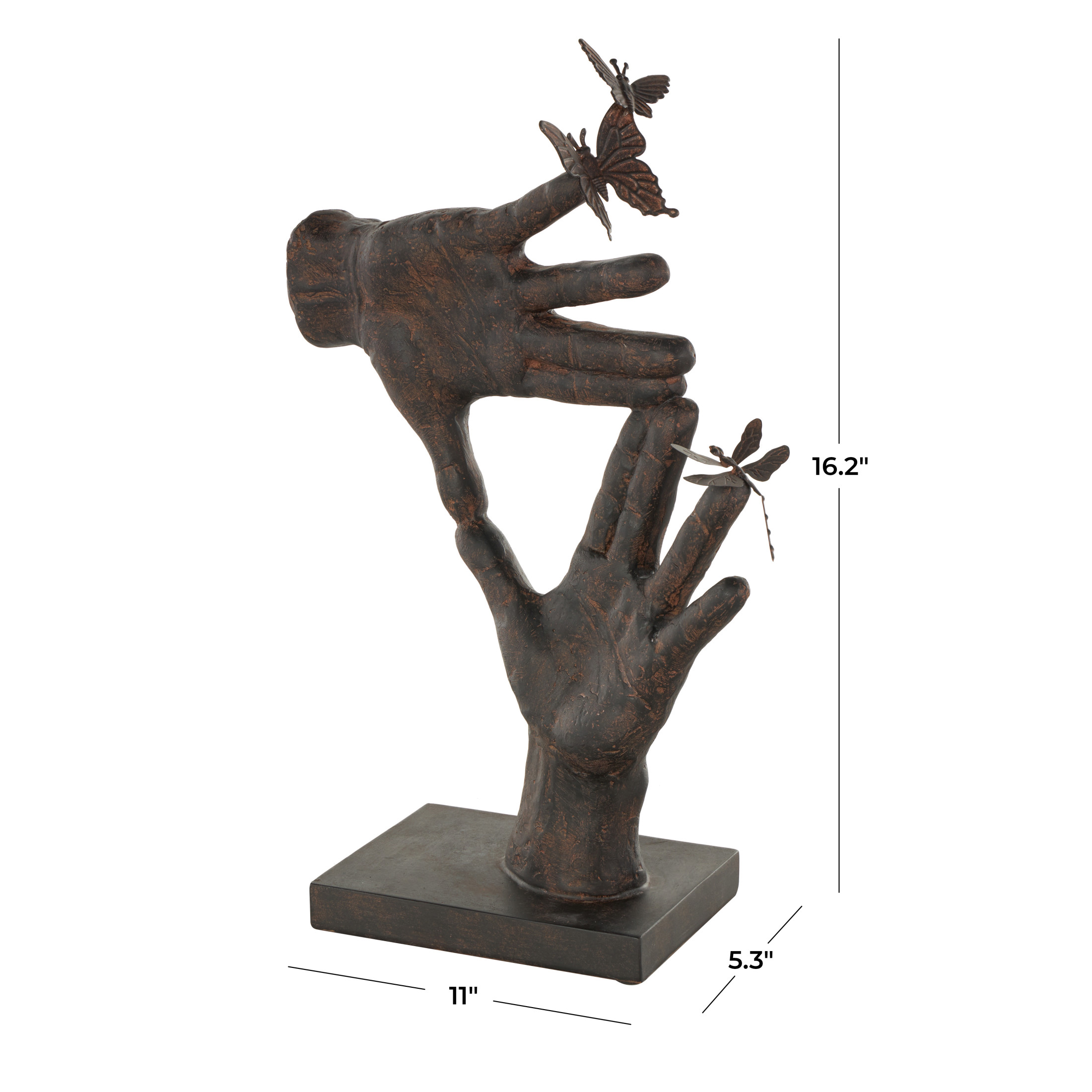 11" x 16" Dark Brown Polystone Sign Hands Sculpture with Butterrfly Accents, by DecMode