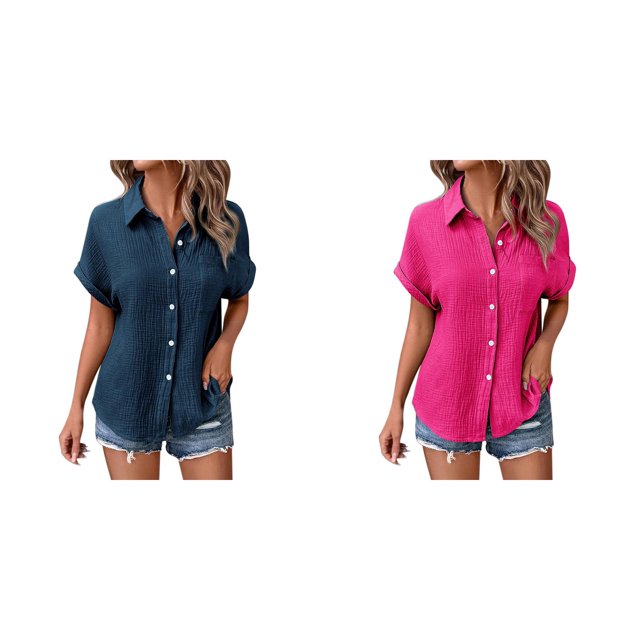 (2-Pack) Rinsvye Womens Solid Color Casual Batwing Sleeve Button Down Blouse Ladies Tops Casual Shirt Versatile Wardrobe