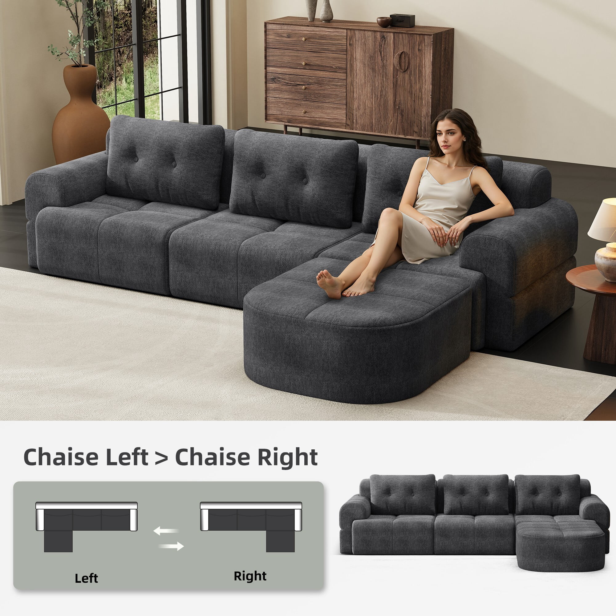 DEALTOPS 112" Modular Sectional Sofa with Ottoman, Full-Foam 3-Seat Convertible Chenille Cloud Couch, Gray