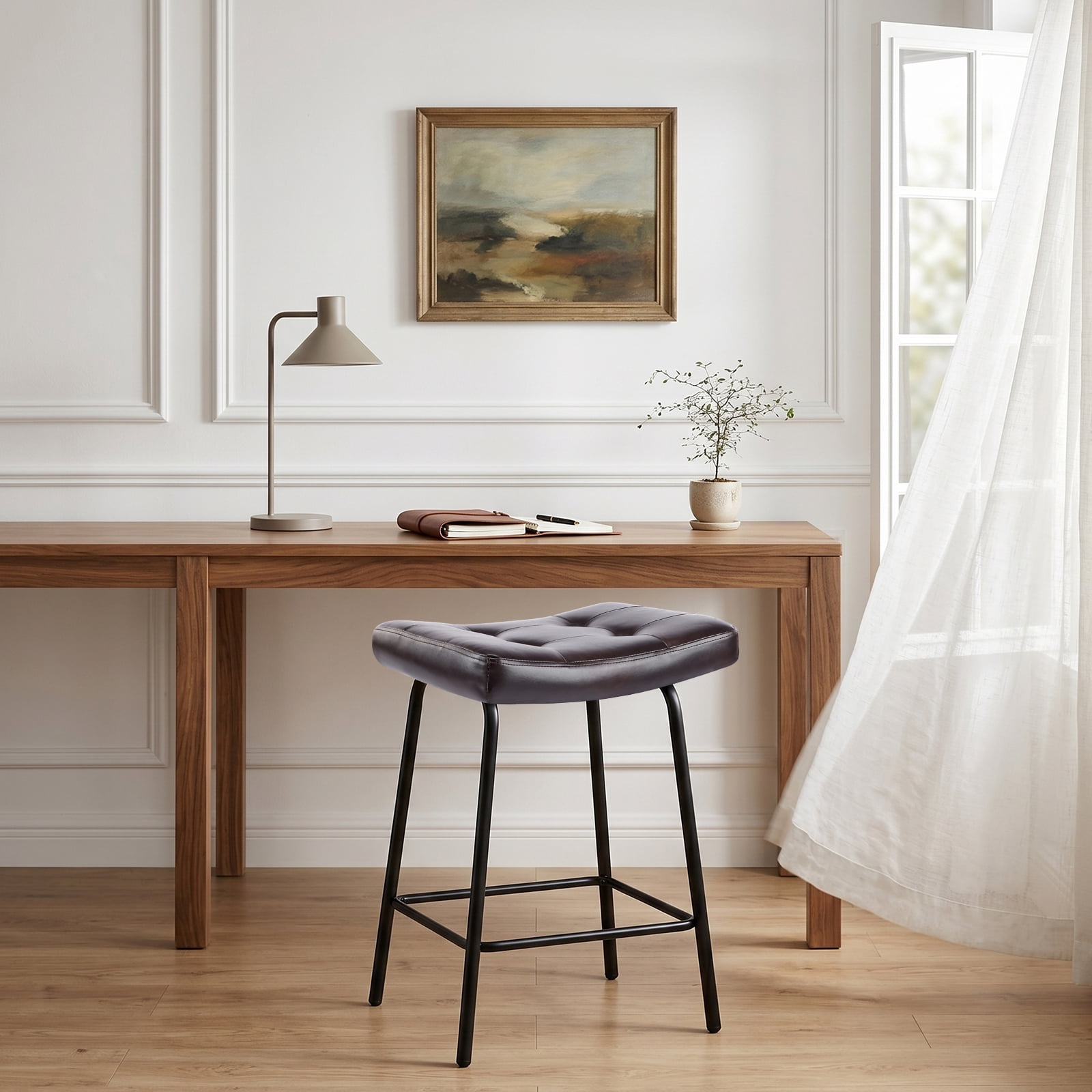 25" Saddle Counter Stools Set of 2, Tufted Faux Leather Counter Height Bar Stools with Metal Legs for Kitchen Island, Black Brown