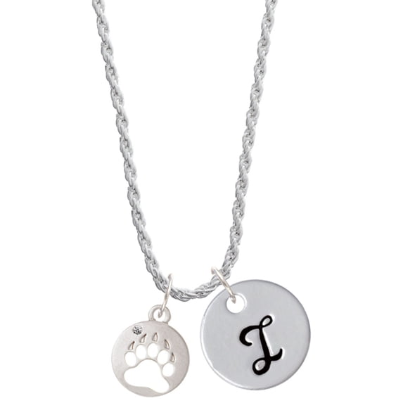 Delight Jewelry Silvertone Bear Paw Silhouette Silvertone Script Initial Disc - I - Charm Necklace, 20"+3"
